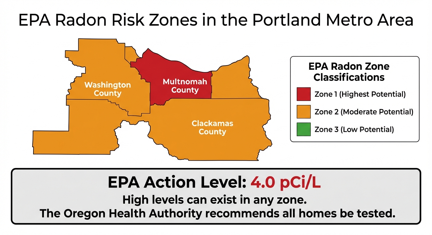 EPA Radon Risk Zones in the Portland Metro Area