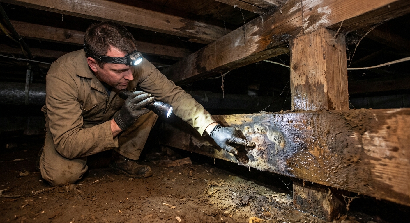 Inspector in Crawl Space Examining Moisture