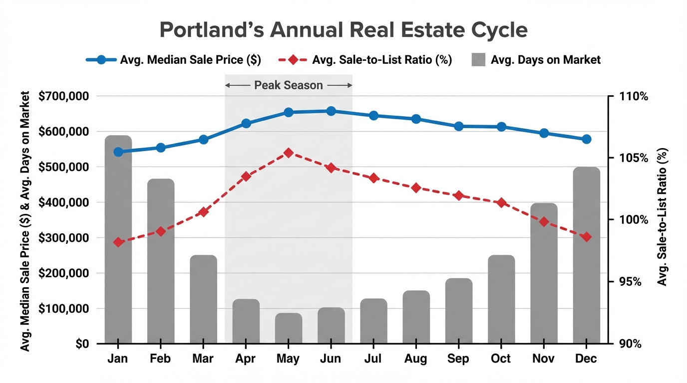 Portland's Annual Real Estate Cycle - Chart showing median sale prices, days on market, and sale-to-list ratios throughout the year