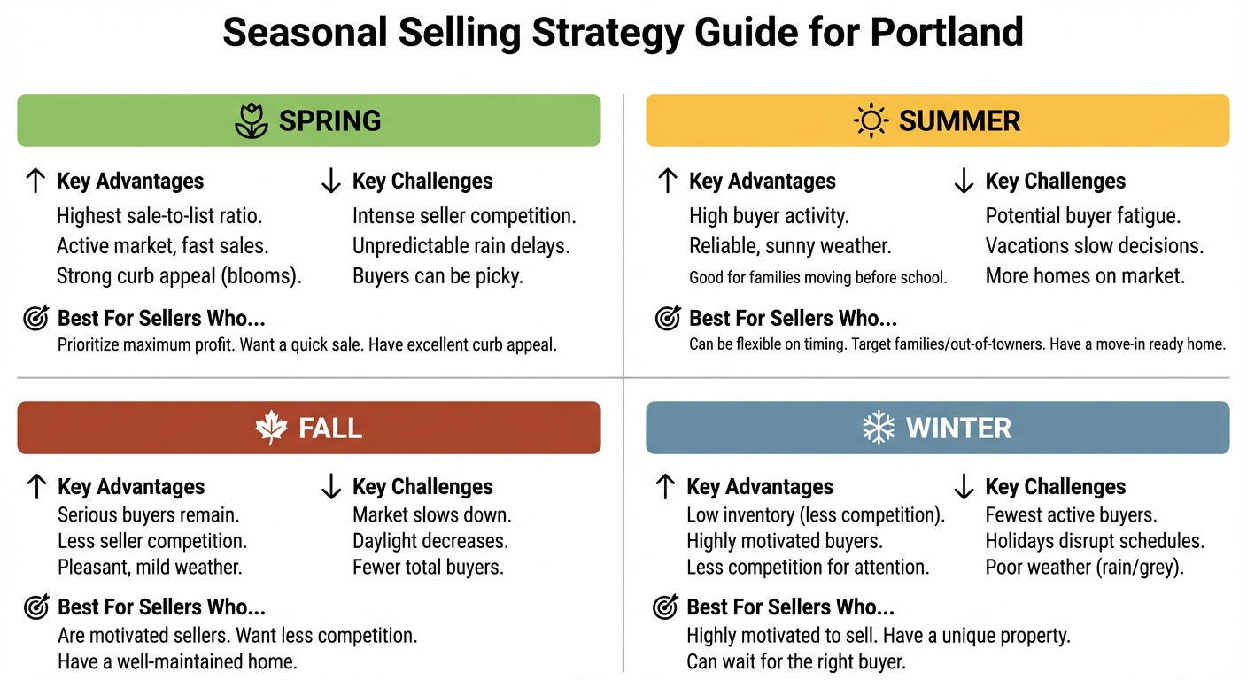 Seasonal Selling Strategy Guide for Portland - Visual decision tree showing optimal seasons based on seller priorities