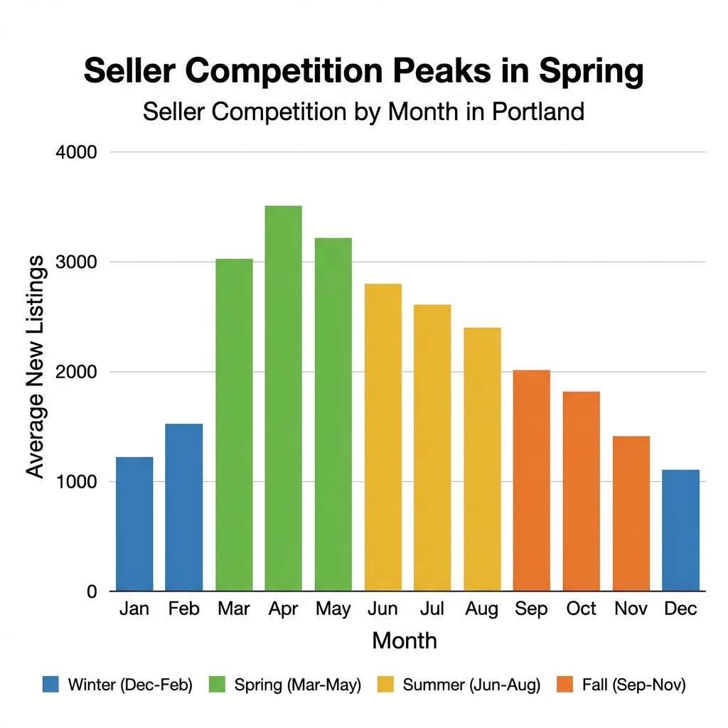 Seller Competition by Month in Portland - Bar chart showing new listings per month with April peak